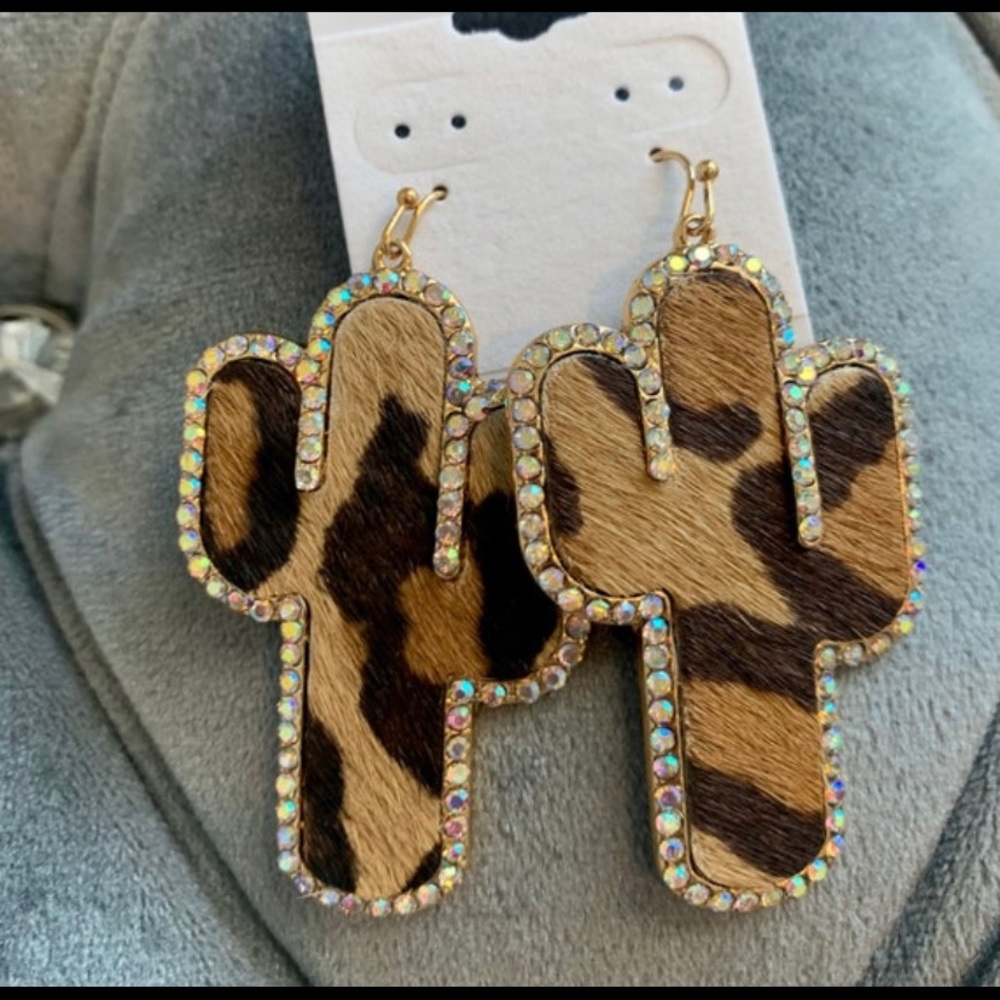 Country Leopard Cactus Cowhide Animal Print Crystal Statement Earrings